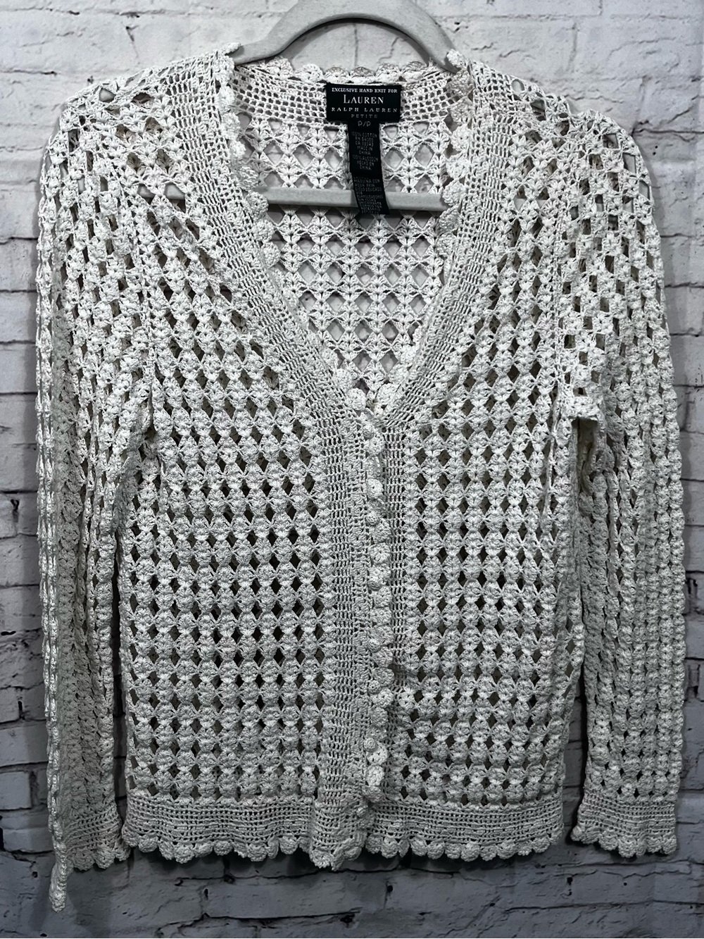 Vintage Ralph Lauren Women Small Hand Knit Cardigan Open Knit Off White